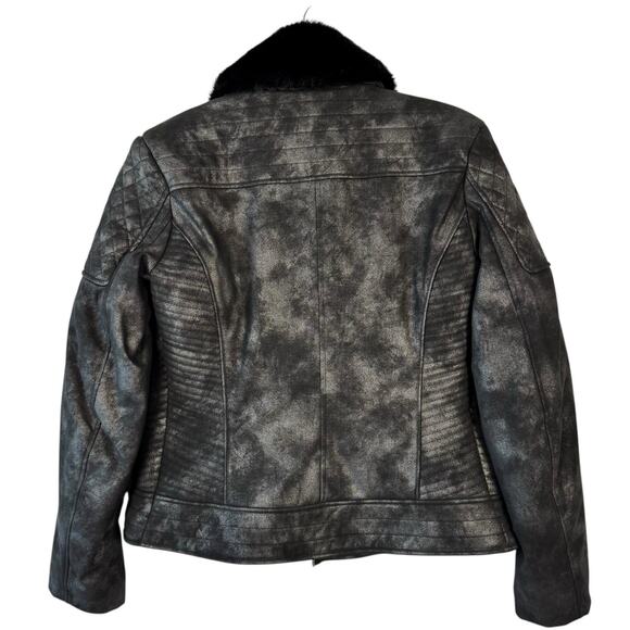 New Guess Metallic Faux Leather Fur Quilted Moto Biker Full Zip Jacket Sz Large - Picture 3 of 11
